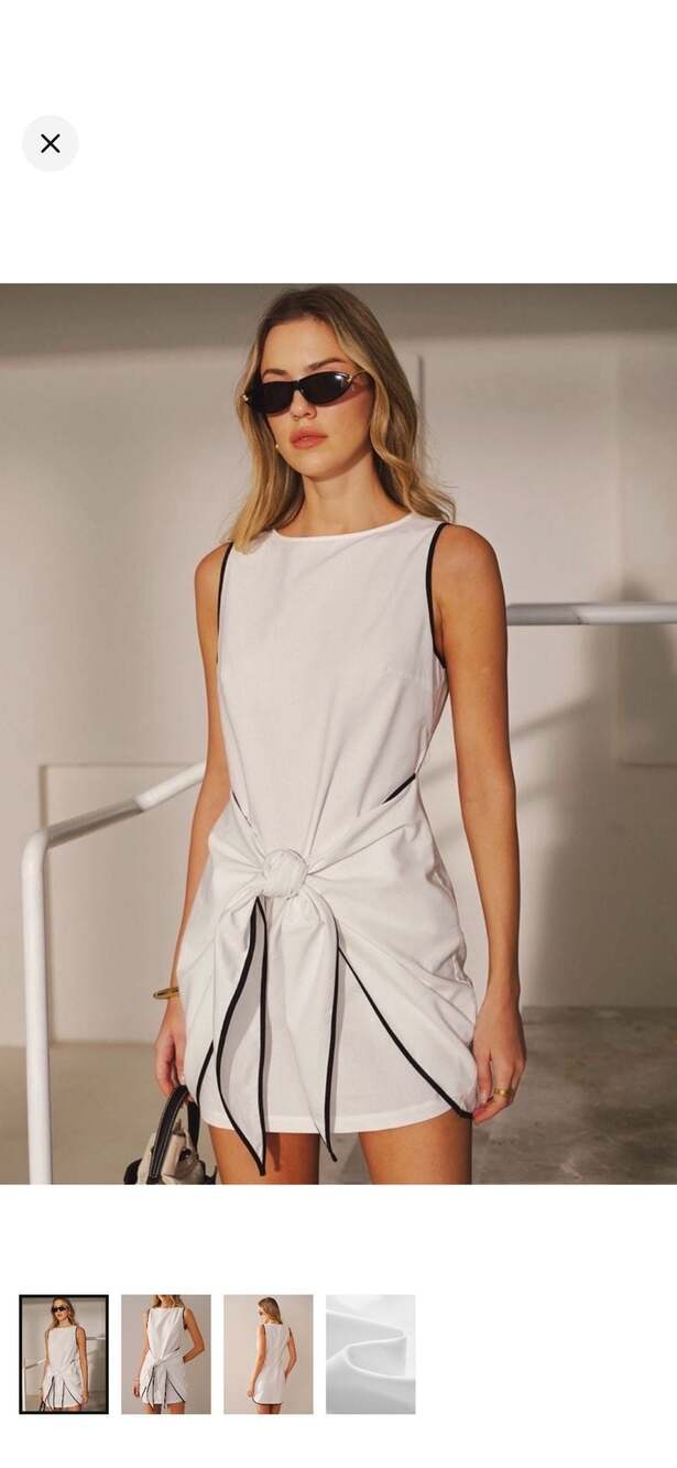 Commense Sleeveless Cotton-Linen Knot-Waist Mini Dress with Contrast Binding